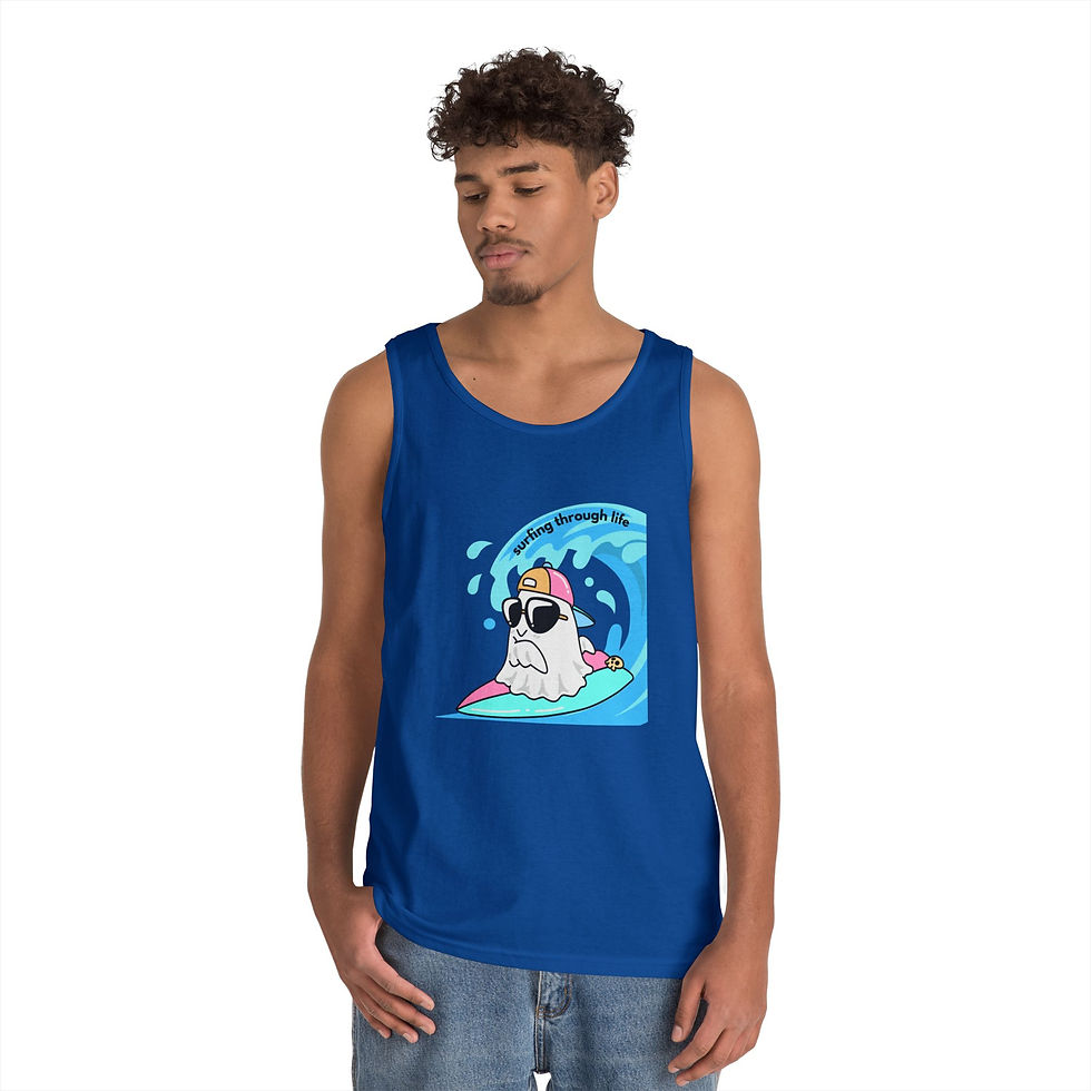 Thumbnail: men Surfing Ghost Tank Top — Cute Retro Beach Ghost Graphic Tank