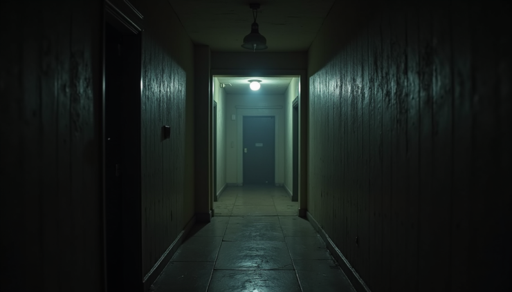 Eye-level view of an old, dimly lit room with shadowy corners suggesting a haunting presence