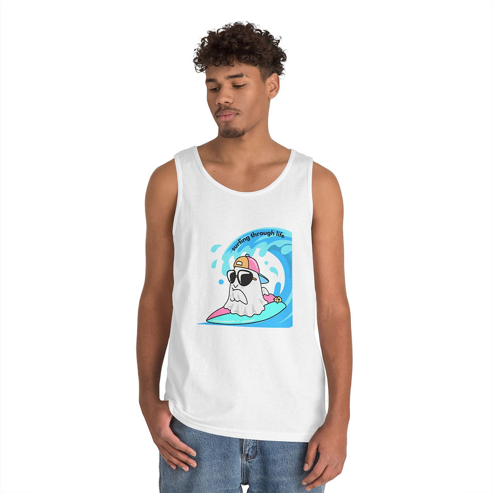 Thumbnail: men Surfing Ghost Tank Top — Cute Retro Beach Ghost Graphic Tank