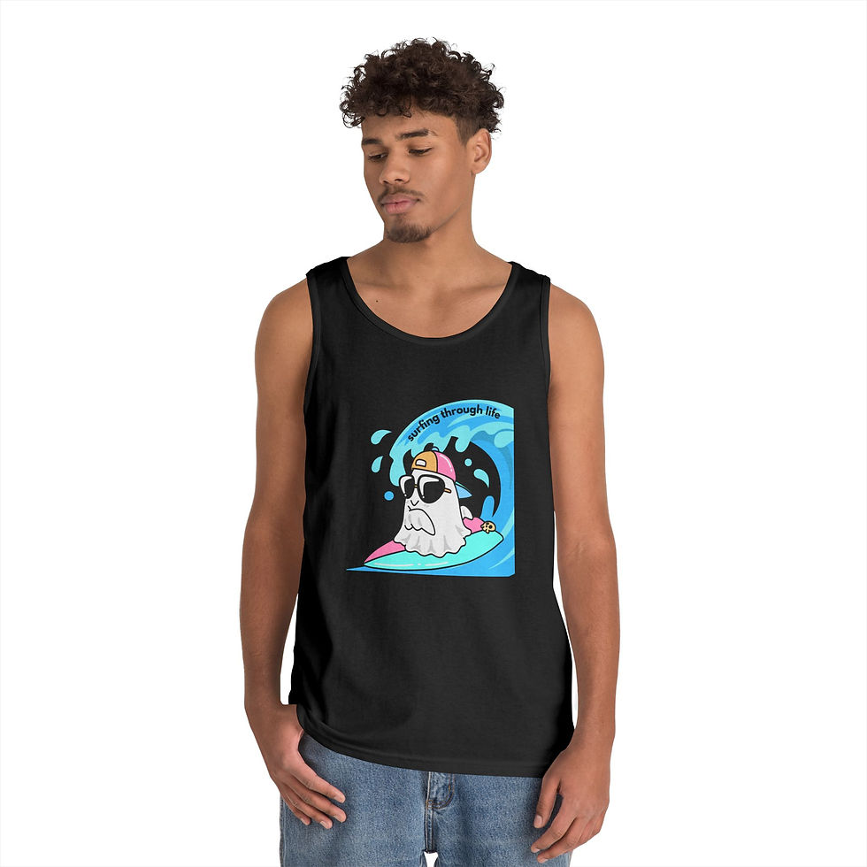 Thumbnail: men Surfing Ghost Tank Top — Cute Retro Beach Ghost Graphic Tank