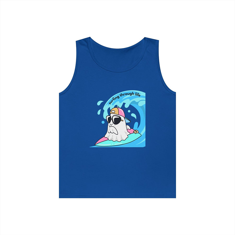 Thumbnail: men Surfing Ghost Tank Top — Cute Retro Beach Ghost Graphic Tank