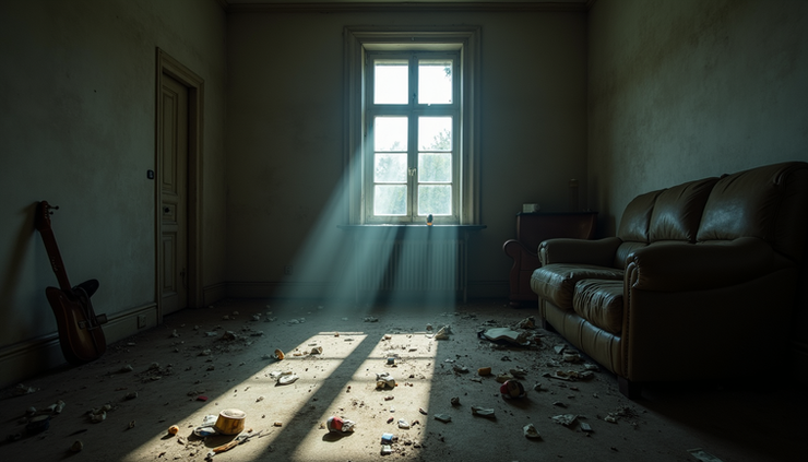 Eye-level view of an old, dimly lit room with scattered objects seemingly moved by unseen forces