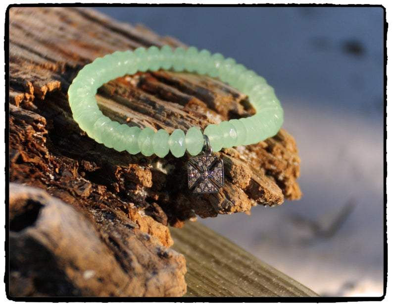 Thumbnail: Faceted Chrysoprase and Pave Diamonds on Sterling Silver Celtic Cross Stretch Br