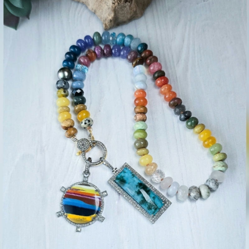 Thumbnail: "Oceans View" Moss Agate Turquoise Doublet Diamond Pendant 