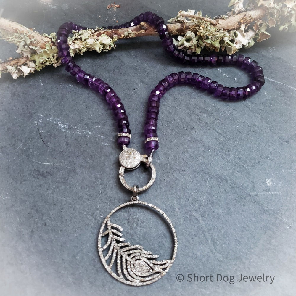 AAA Amethyst and Diamond Chain with Diamond Peacock Feather Pendant