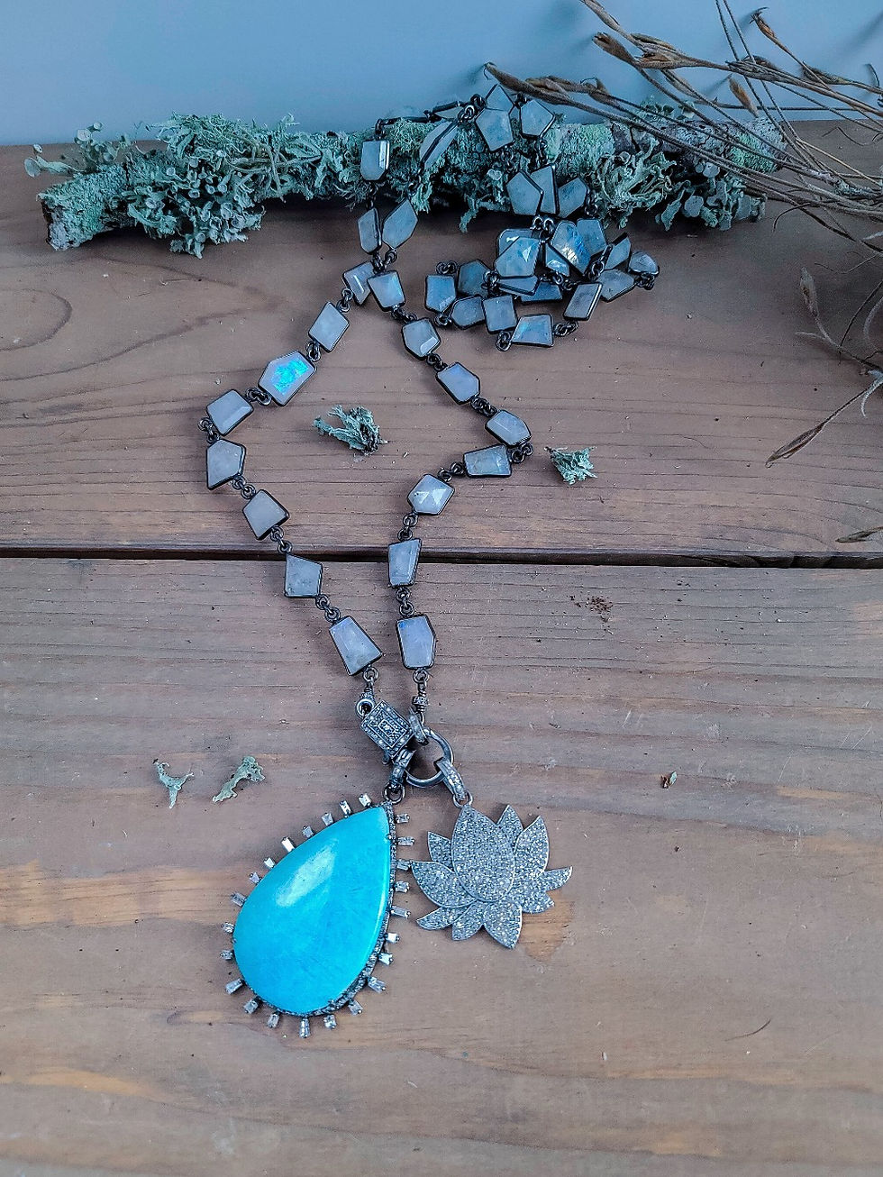 Thumbnail: Turquoise Baguette and Diamond Lotus Moonstone Chain