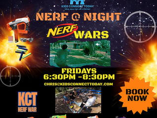 Nerf @ Night event poster with Nerf guns, targets, and kids playing.