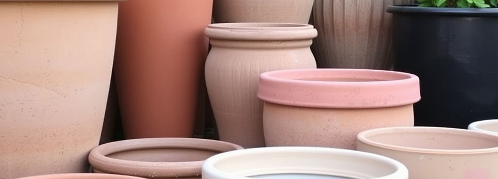 Generate an image of terracotta, glazed clay and plastic pots inside an italian garden.jpg