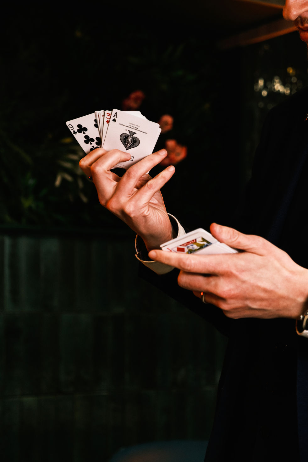 Portrait from Jamie Warren, Doncaster Magician photo shoot – displaying the playing cards