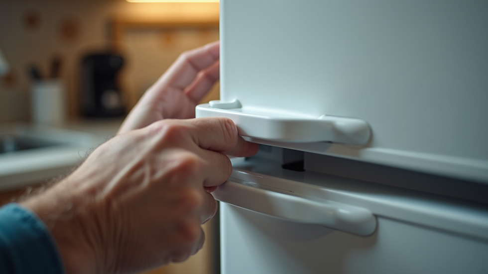 Close-up view of RV refrigerator door seal being inspected