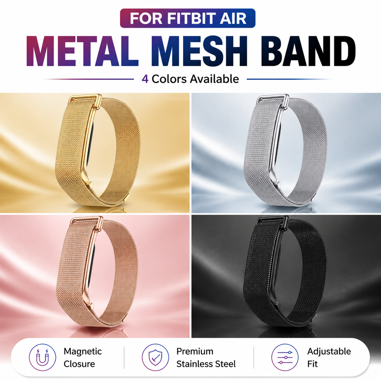 For Google Fitbit Air Metal Loop Magnetic Strap Stainless Steel Mesh Replacement