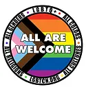 Circular “All Are Welcome” badge with rainbow and Progress Pride flag, representing inclusion across genders, identities, cultures, and religions.