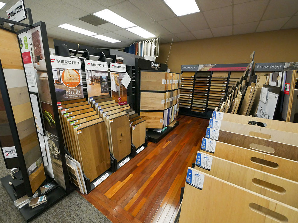 Flooring showroom display with solid wood flooring samples