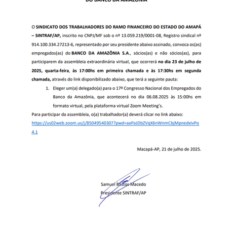 EDITAL DE CONVOCAÇÃO DE ASSEMBLEIA EXTRAORDINÁRIADO BANCO DA AMAZÔNIA