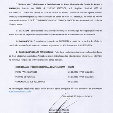 EDITAL DE CONVOCAÇÃO PARA ELEIÇÃO COMPLEMENTAR DE DELAGADO(A) SINDICAL DO BANCO DO BRASIL