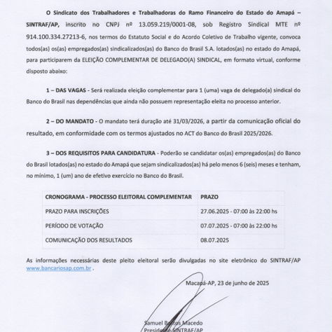EDITAL DE CONVOCAÇÃO PARA ELEIÇÃO COMPLEMENTAR DE DELAGADO(A) SINDICAL DO BANCO DO BRASIL