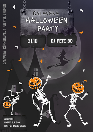 Halloween Party mit einem Schloss im Hintergrund. Vor einem großen Vollmond fliegt eine Hexe entlang. Im Vordergrund sind drei Skelette mit Kürbisköpfen