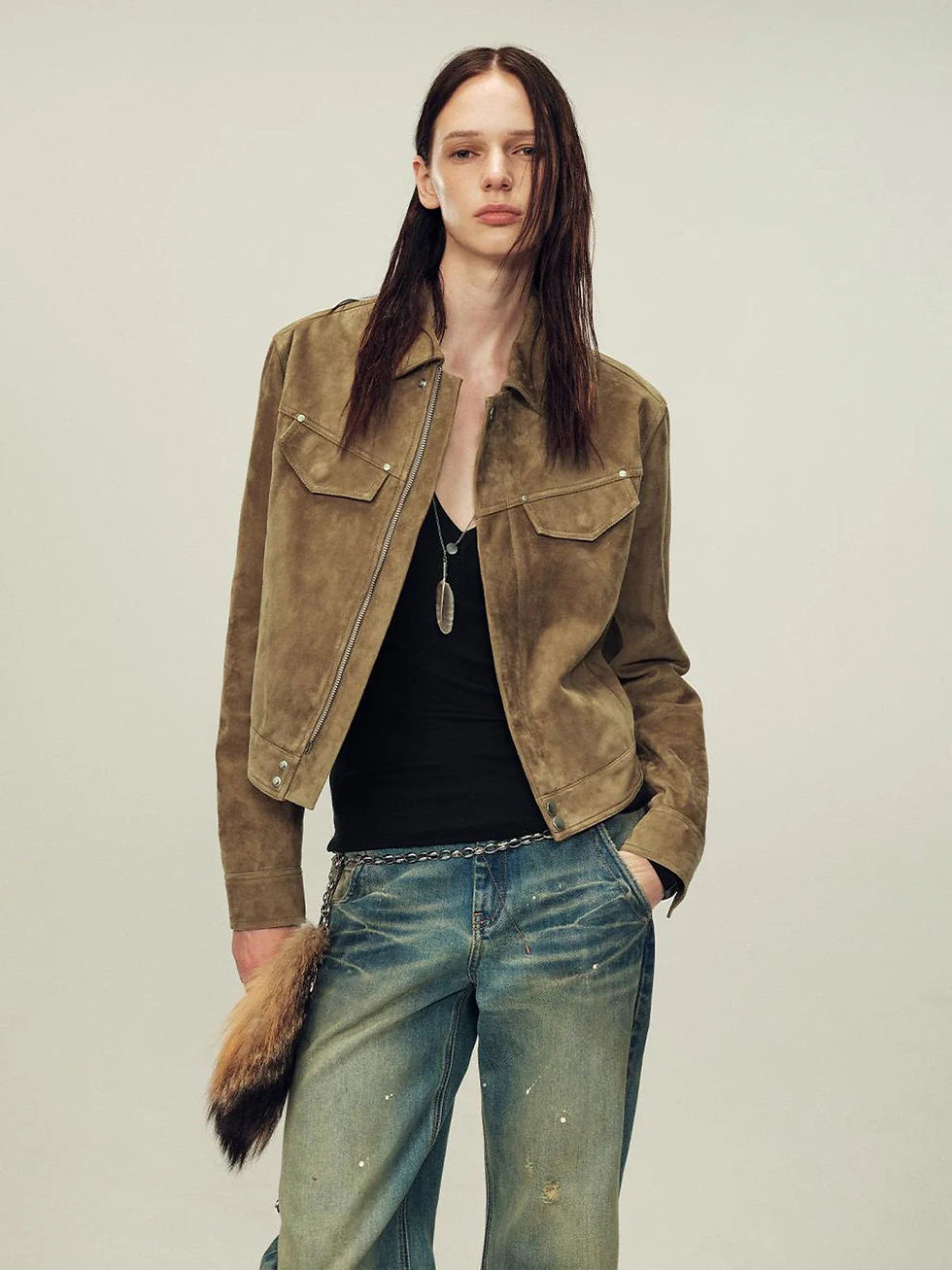 Thumbnail: Women's Imported First-Layer Suede Sheepskin Short Autumn Leather Jacket