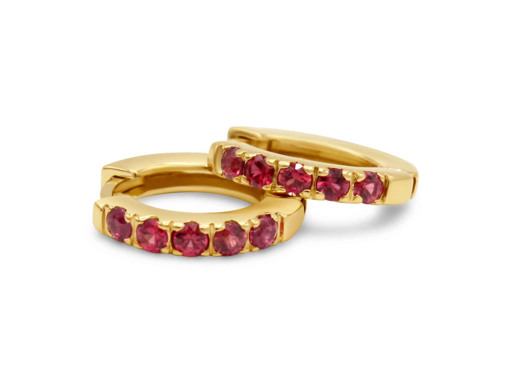 ruby huggie hoops, ruby huggies, huggie hoop earrings, katherine lincoln jewelry, brooklyn jewelry