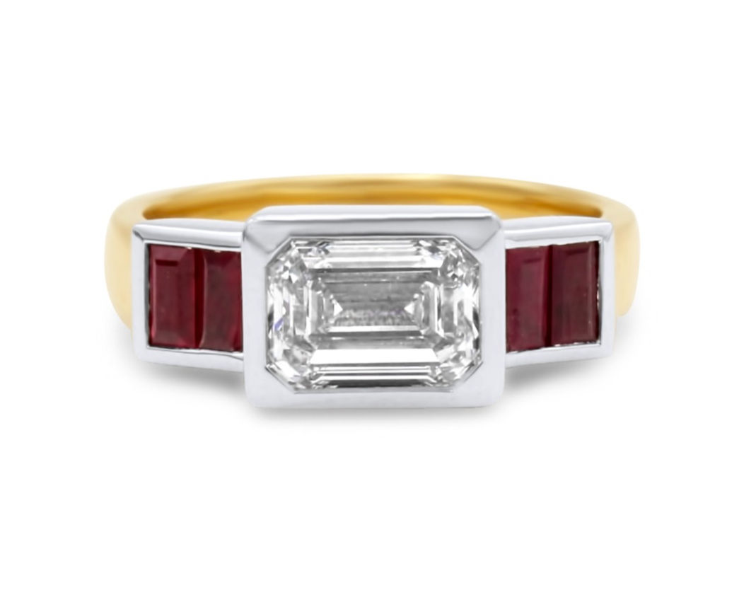 Modern Deco Diamond and Ruby Ring