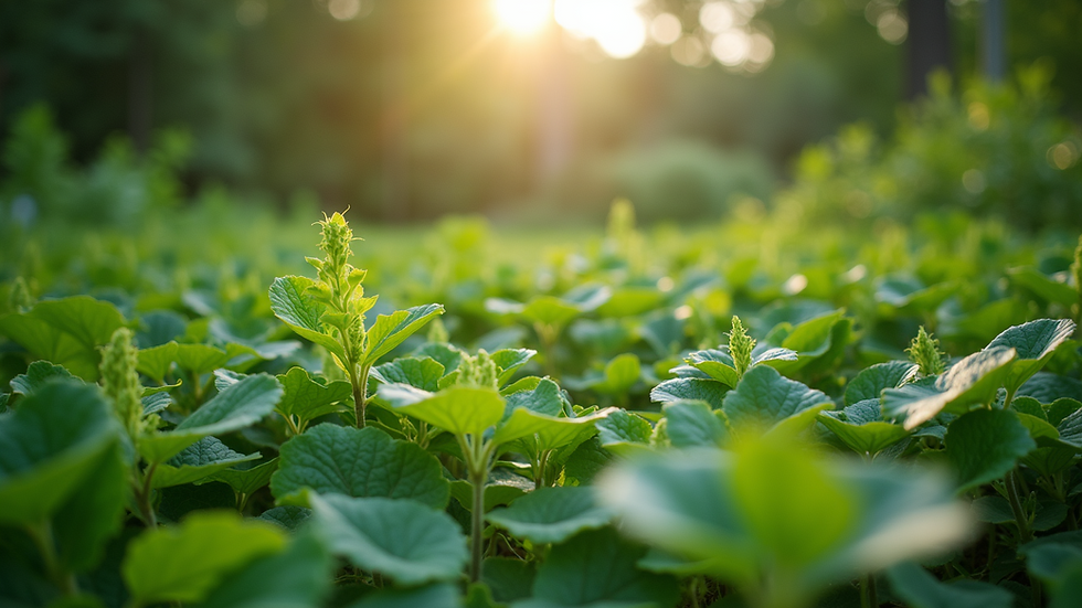 Eye-level view of a lush green garden with diverse plants