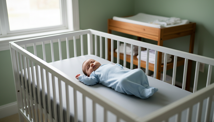 Eye-level view of a baby sleeping on their back in a clear crib