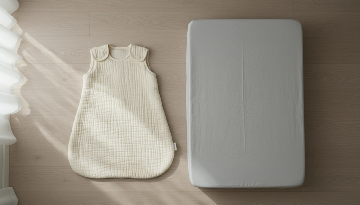 Overhead view of a wearable sleep sack laid beside a fitted crib sheet
