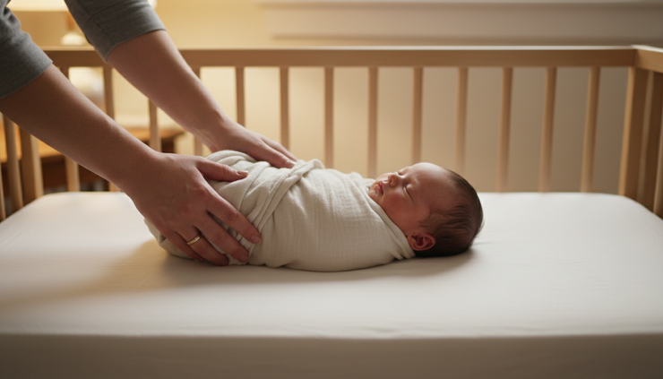 Close-up view of a caregiver placing a baby on their back in a crib