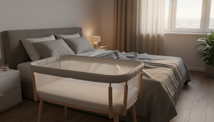 Wide-angle view of a bassinet beside an adult bed in a calm bedroom
