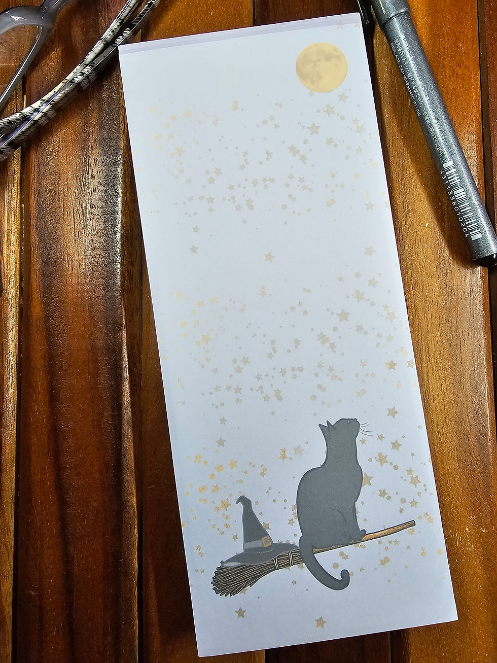 Magical Starry Night. Cat on Broom Gazing at Moon, Magnetic Grocery Pad