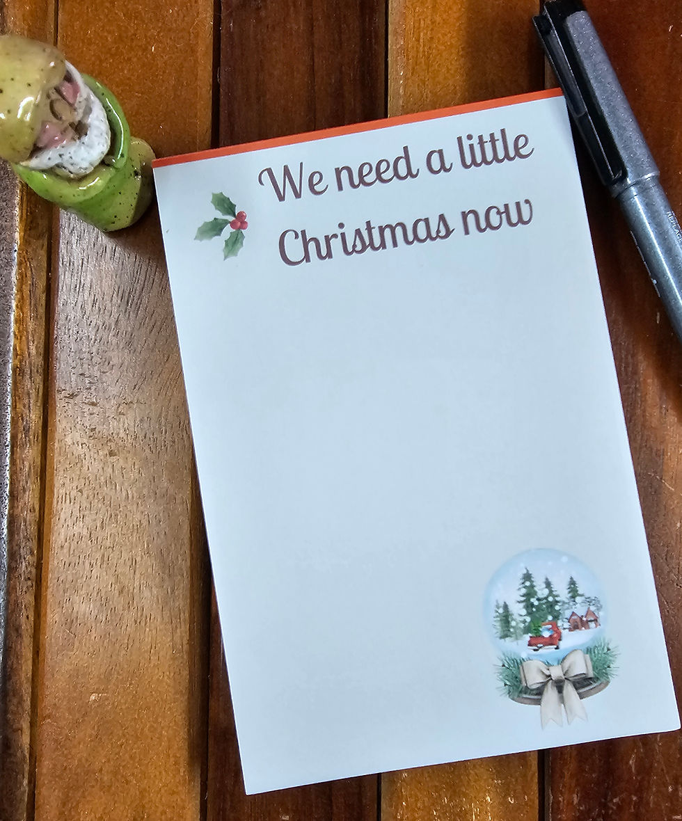 We Need A Little Christmas Now, Snowglobe with Snow Scene, Red Truck,Notepad 4x6