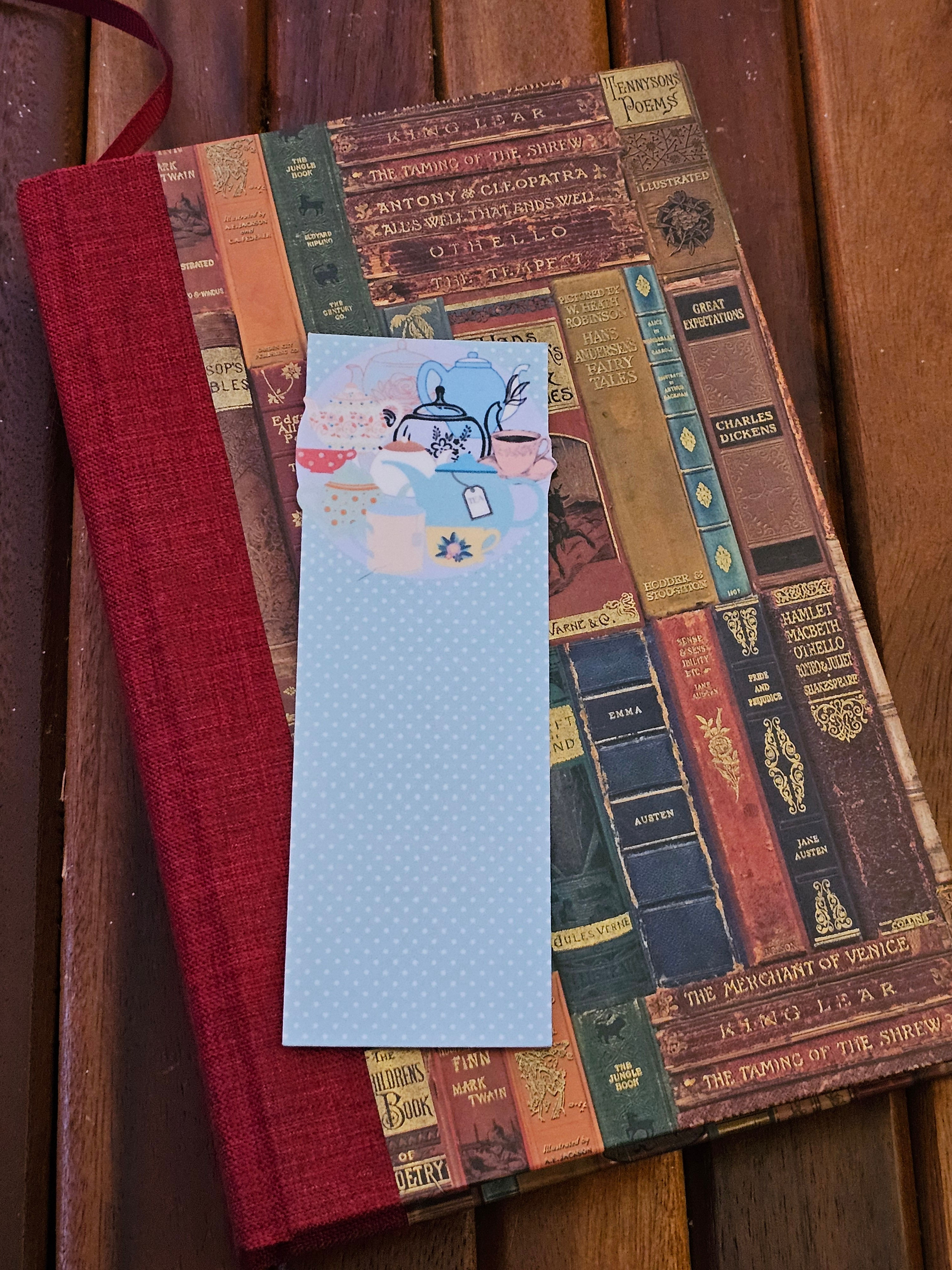 Teacups and Teapots on Blue Dots, Laminated Bookmark To Hold Your Place