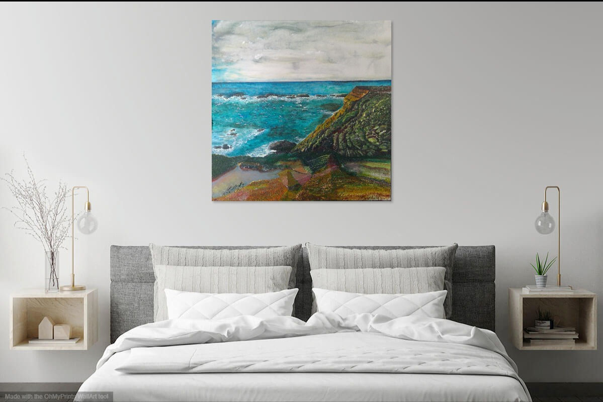 A 36 X 36-inch acrylic painting of Point Arena, California