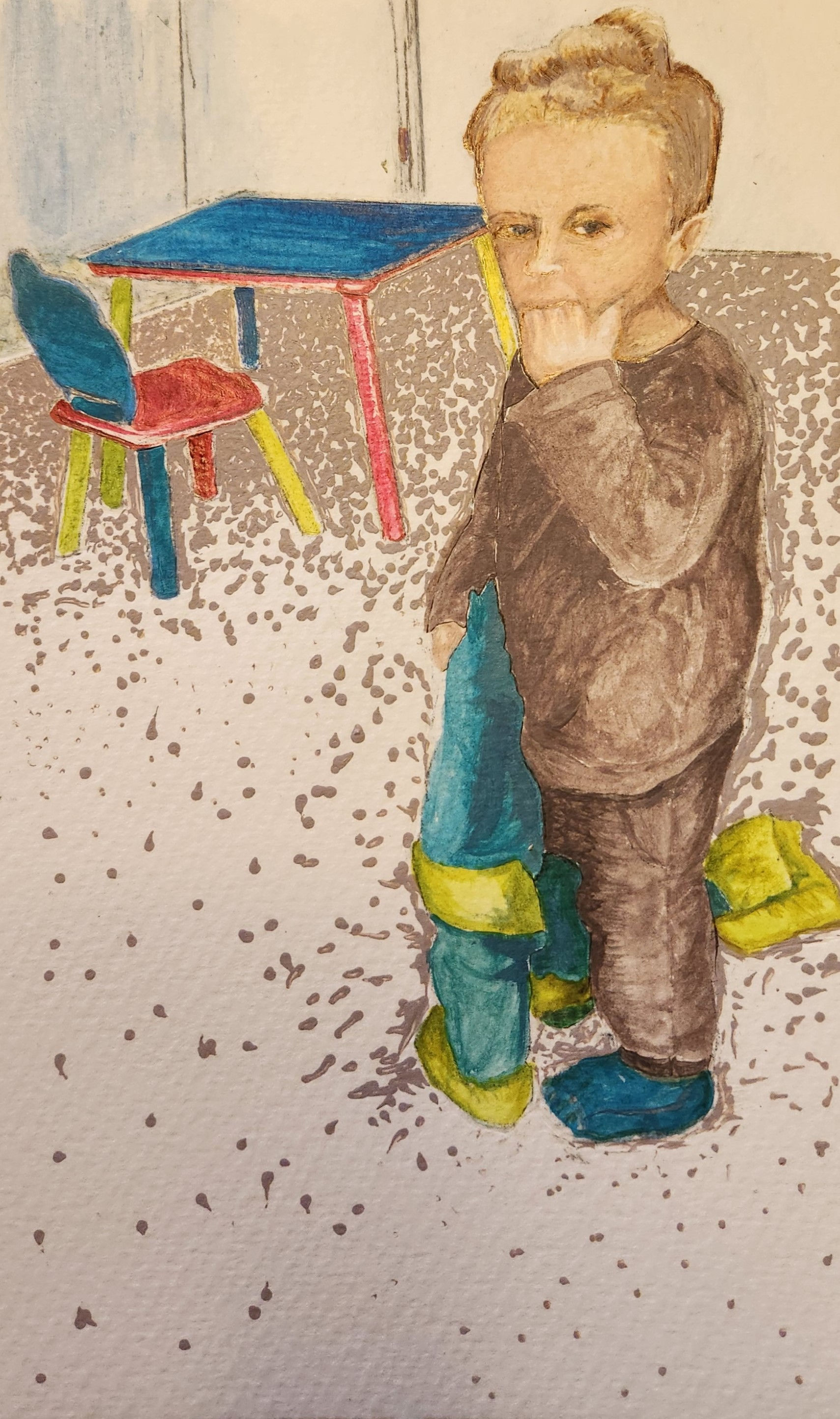 15 X 12-inch acrylic painting of a two year-old boy with his blanket