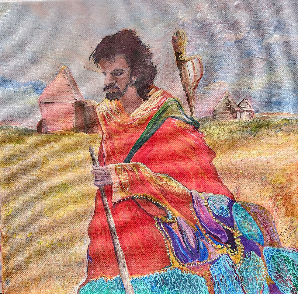 10 X 10-inch acrylic painting of Joseph in a coat of many colors
