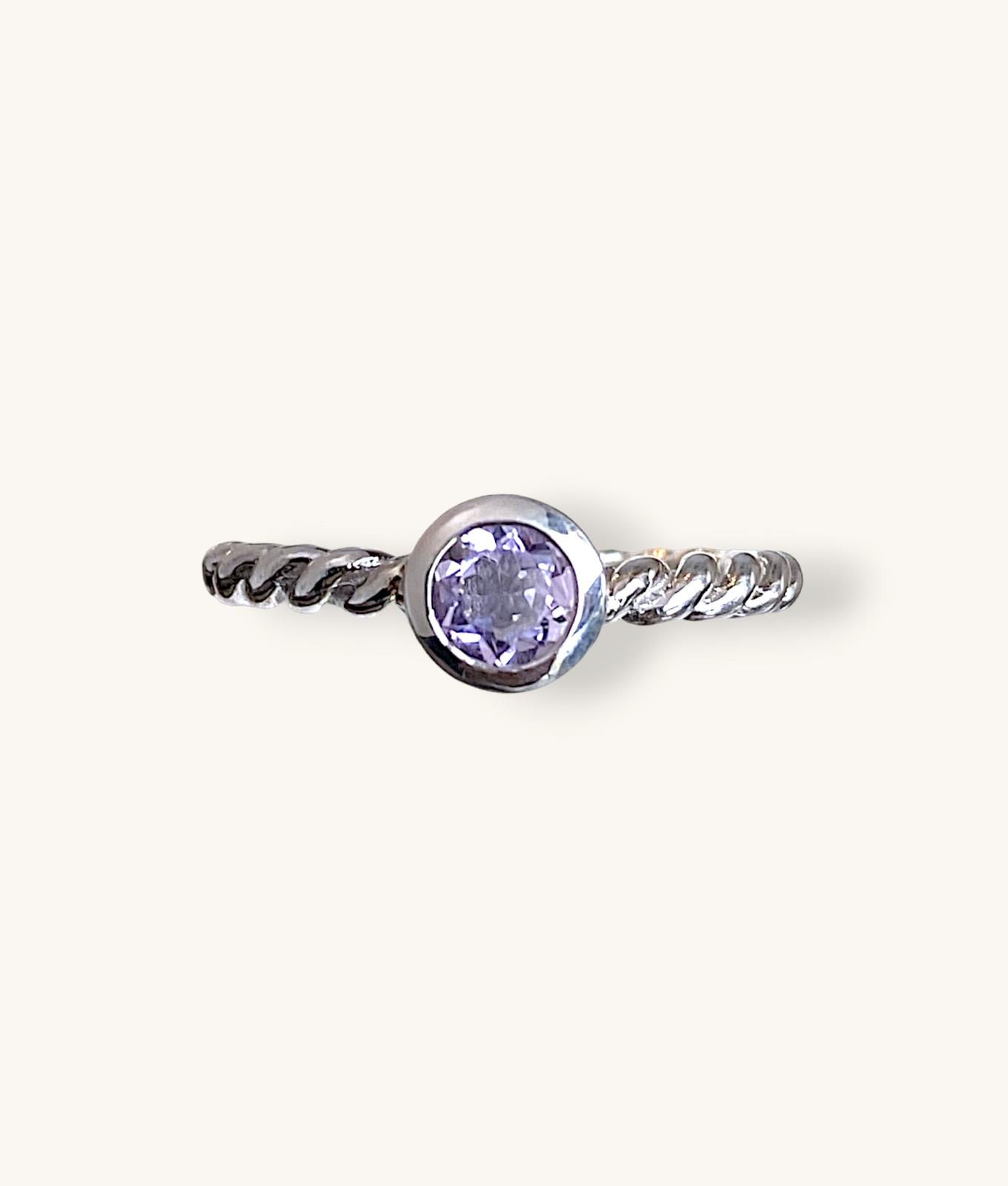 925 STERLING SILVER BEZEL SET PURPLE GEMSTONE TWISTED RING SZ 8 - H