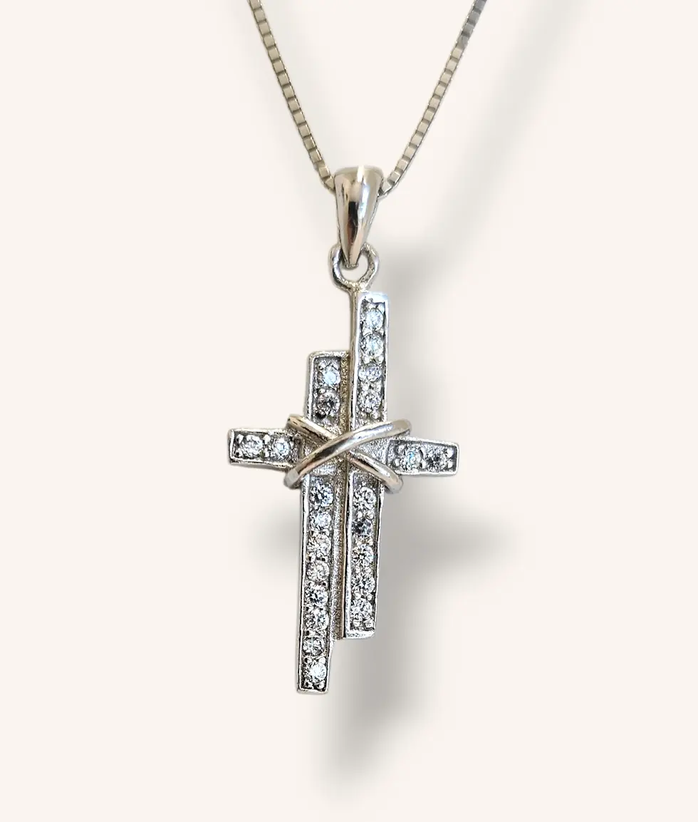 Thumbnail: 925 SILVER DOUBLE CROSS CUBIC ZIRCONIA PENDANT ADJUSTABLE NECKLACE- 00967H