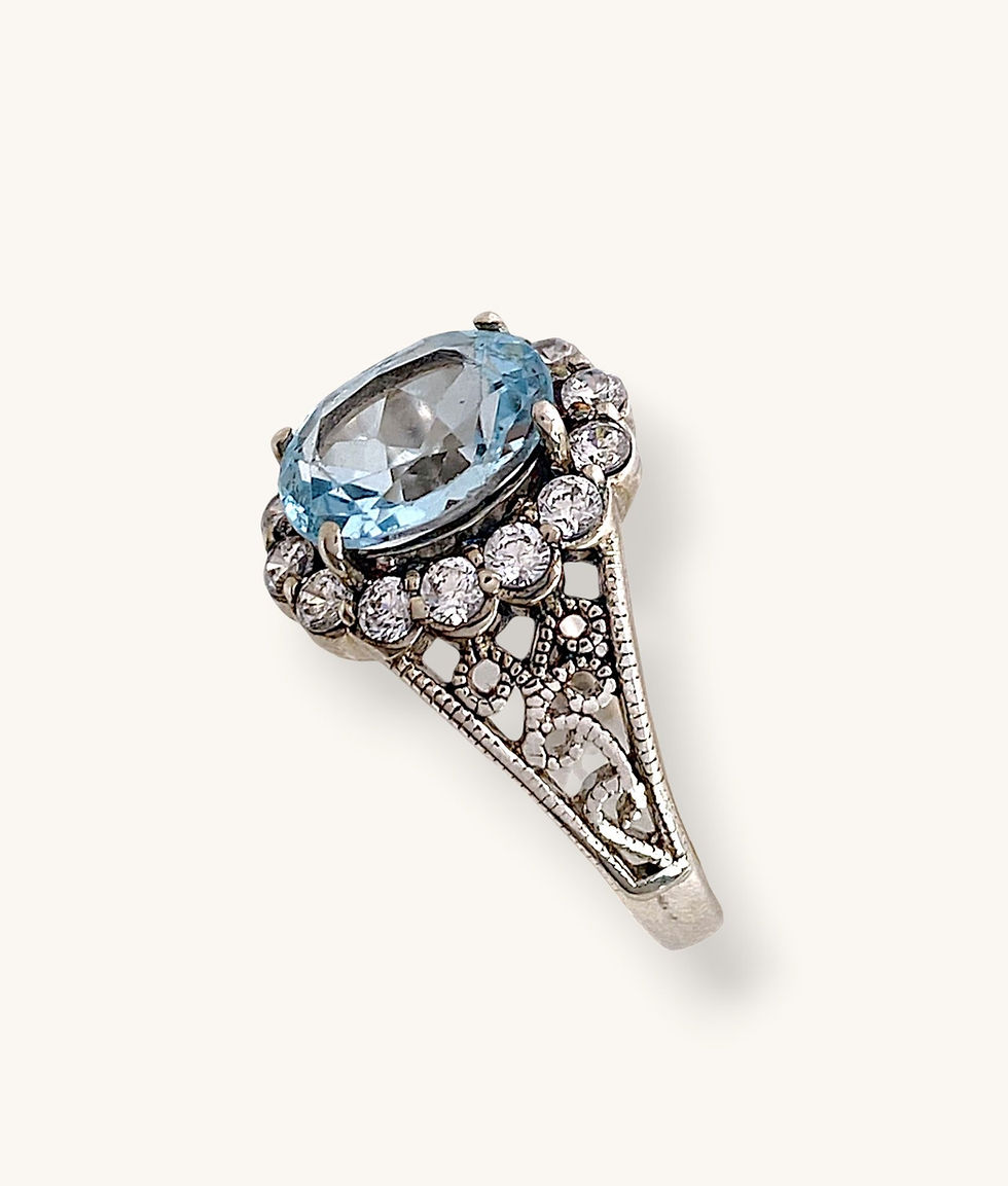 Thumbnail: 925 STERLING SILVER OVAL AQUAMARINE CZ FILIGREE RING - SZ 7 1/4 - H