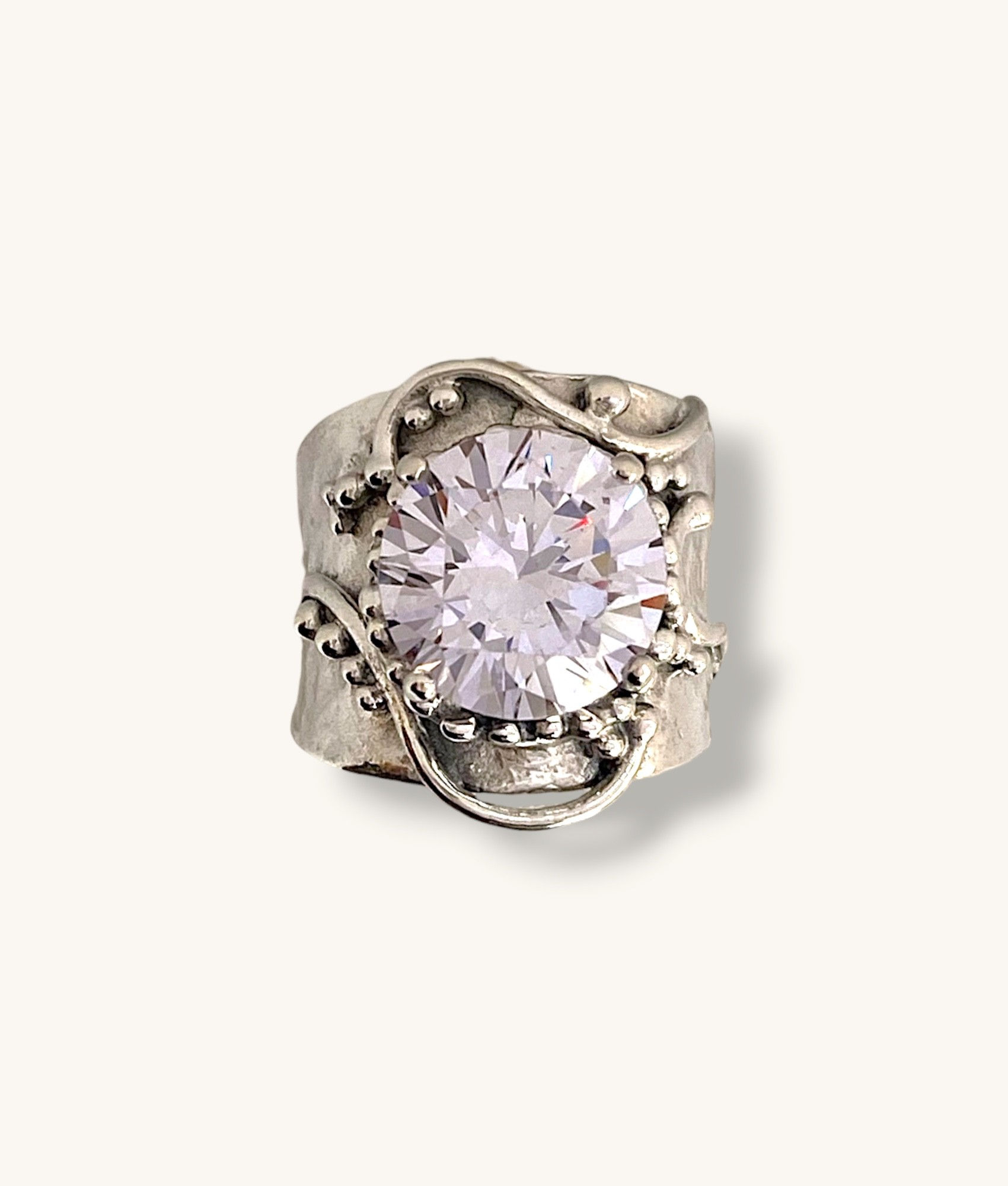 925 STERLING SILVER BOLD WIDE WAVE BEADED CZ COCKTAIL RING - RG925059-H