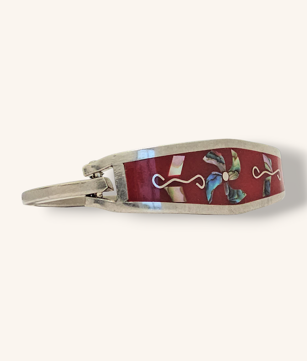 Thumbnail: 925 SILVER TAXCO MEXICO RED ENAMEL ABALONE INLAY BANGLE - 00835H