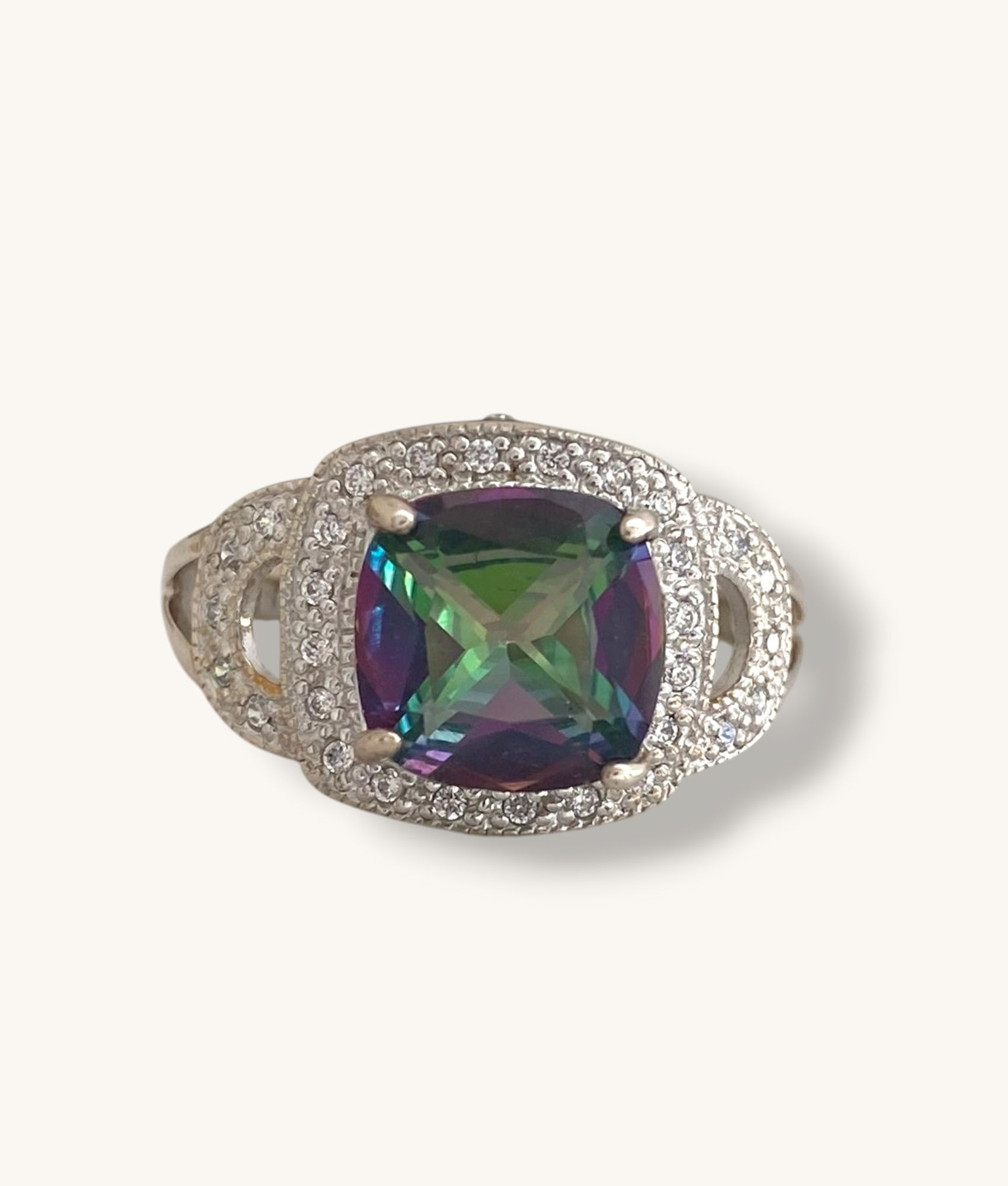 925 SILVER LARGE CUSHION CUT MYSTIC TOPAZ & CZ RING - SZ 8 1/4 -RG925017-H