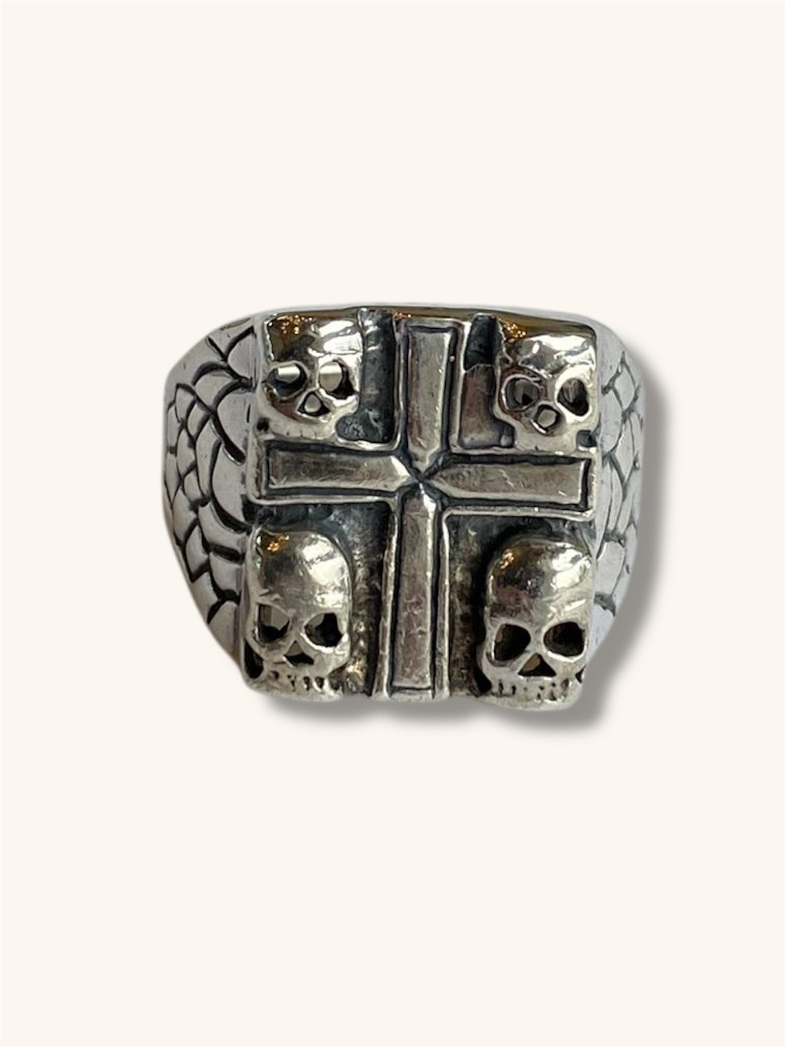 925 STERLING SILVER FOUR FACE SKULL RING WITH CROSS SIZE 13 - H