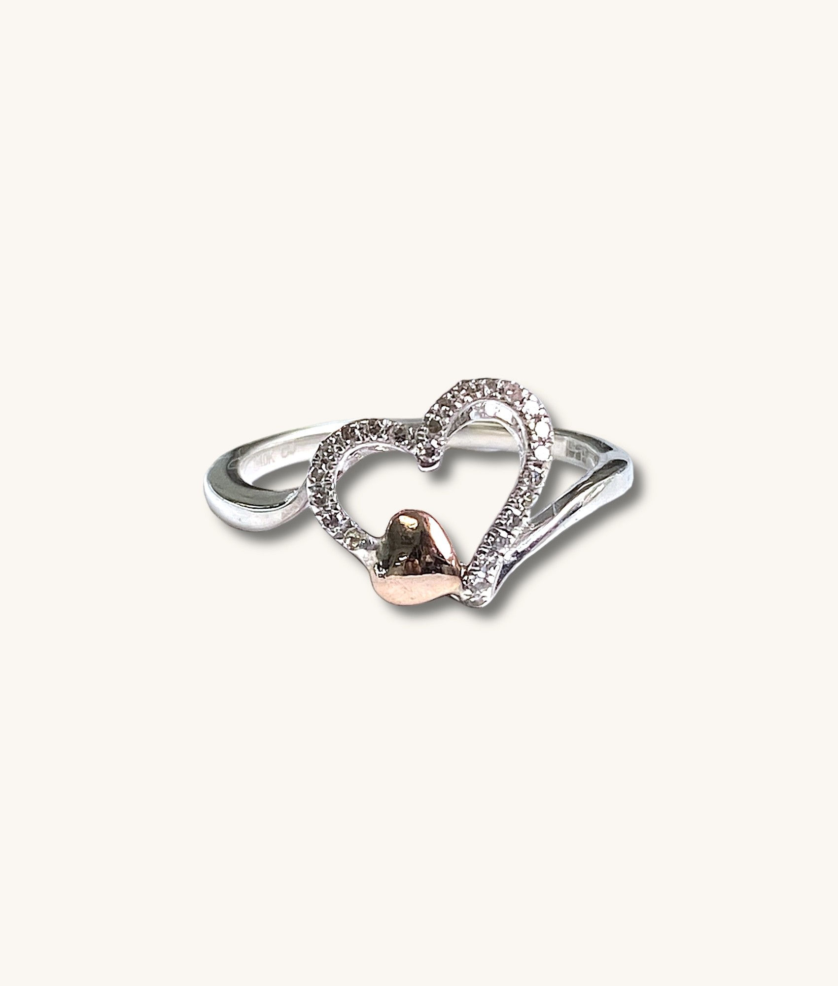 STERLING SILVER 10K ROSE GOLD 0.07 CT.T.W. DIAMOND DOUBLE HEART RING - 00717H