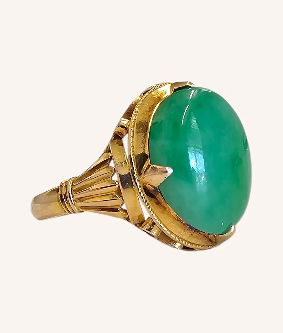 Thumbnail: 10K YELLOW GOLD OVAL CABOCHON JADE COCKTAIL RING - SZ 6.75 - 00951H
