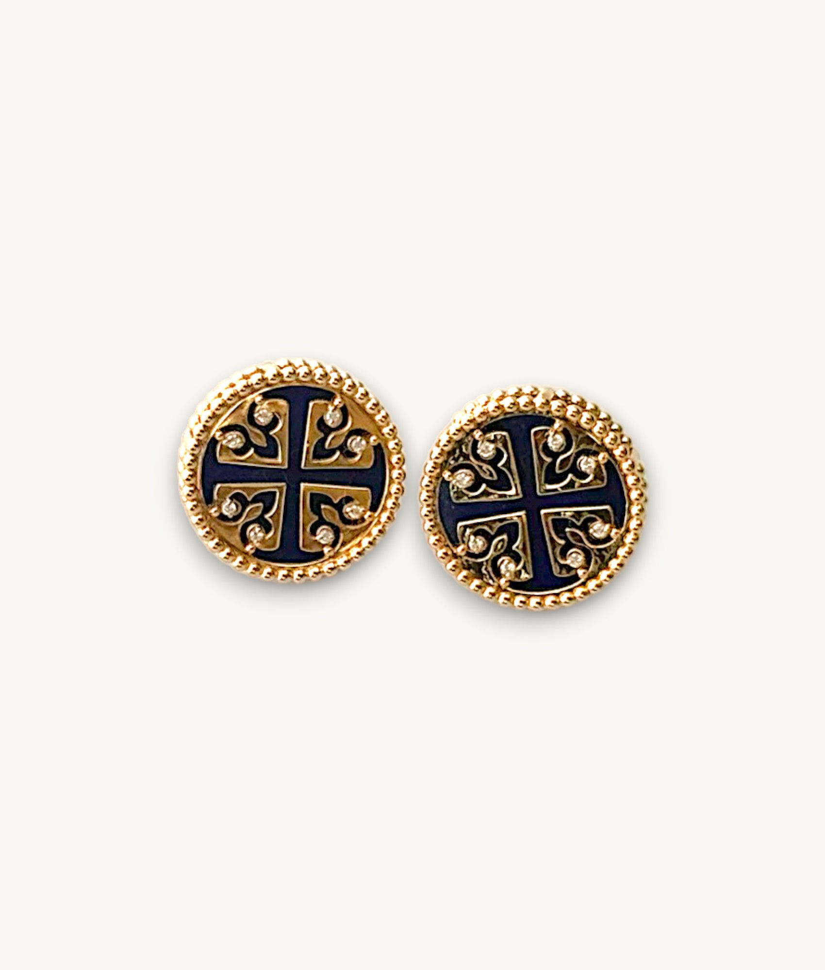 18K DAMAS BLUE ENAMEL BYZANTINE CROSS ROUND BUTTON STUD EARRINGS – ER18K113-J
