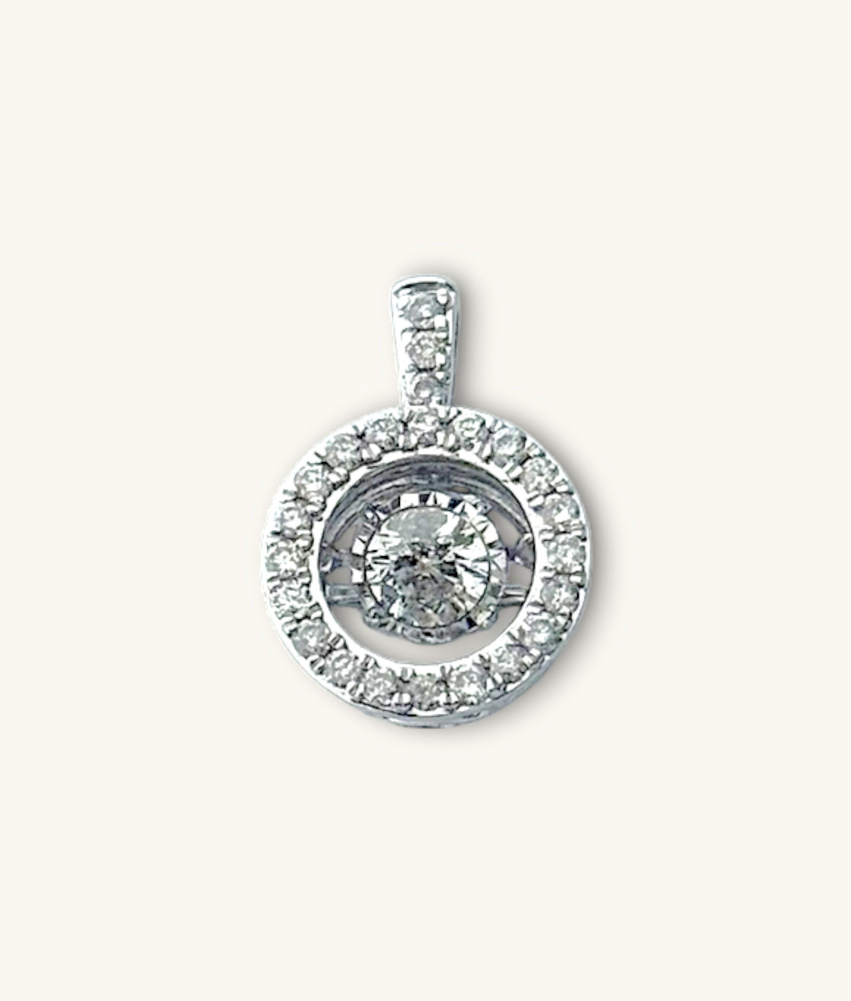 14K WHITE GOLD FLOATING DANCING DIAMOND CIRCLE HALO STATEMENT PENDANT CHARM