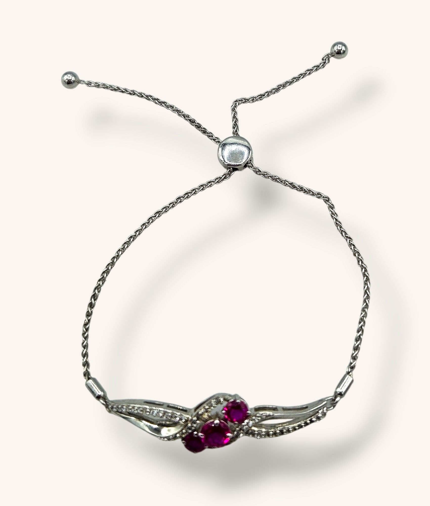 925 SILVER ROUND-CUT RED CUBIC ZIRCONIA BOLO BRACELET - 01321J