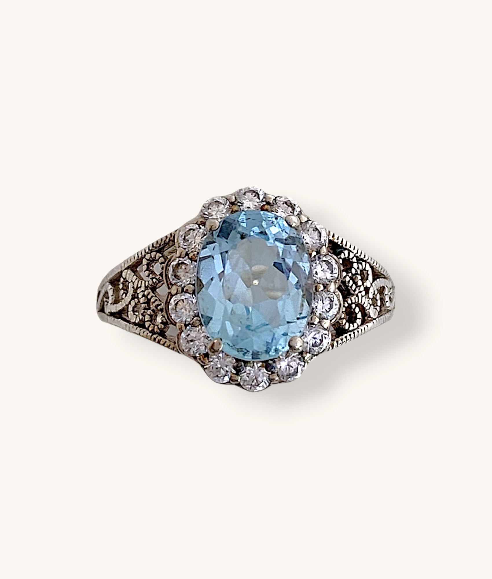 925 STERLING SILVER OVAL AQUAMARINE CZ FILIGREE RING - SZ 7 1/4 - H