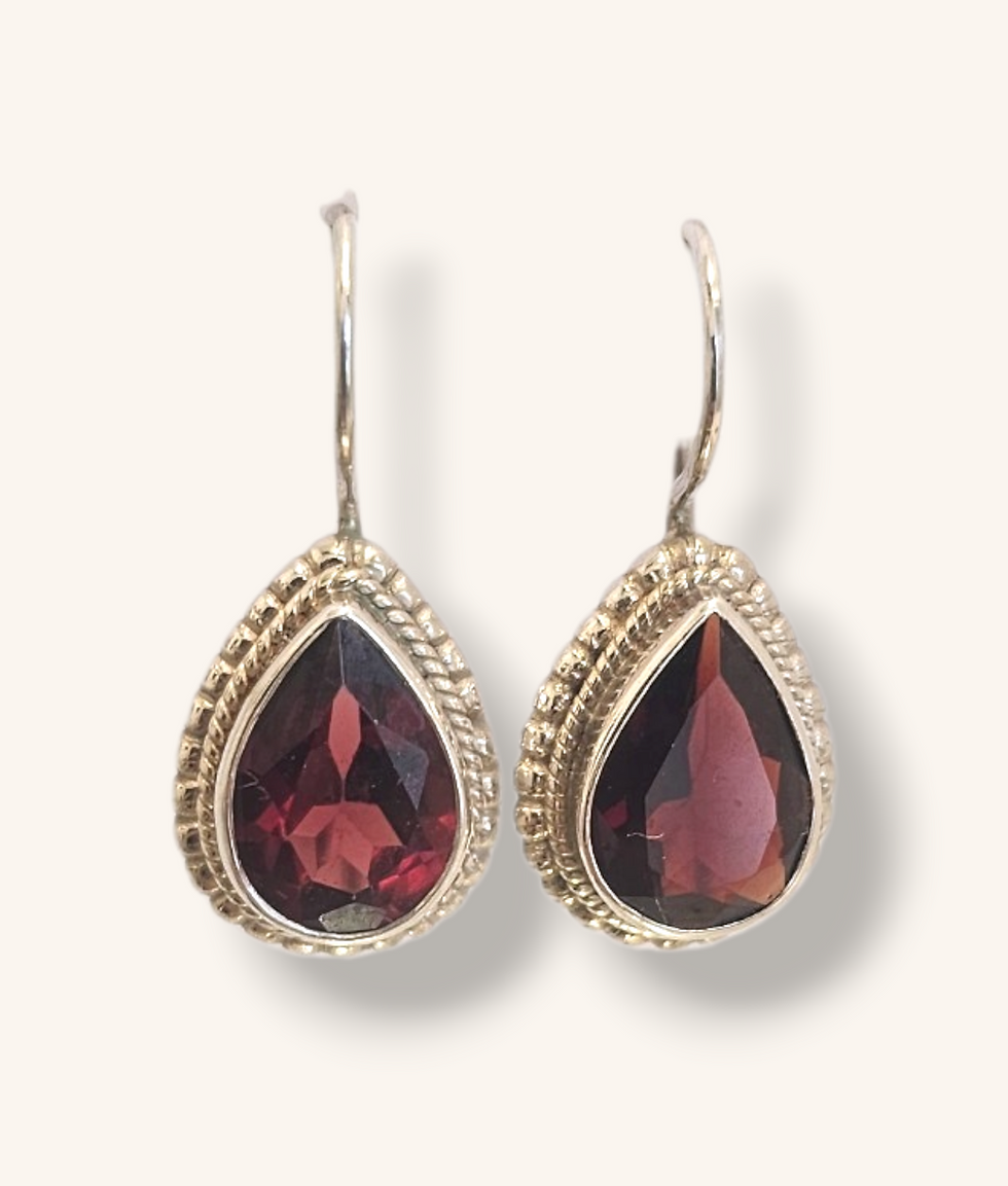Thumbnail: 925 SILVER GARNET GEMSTONE DANGLE EARRINGS - 01208J