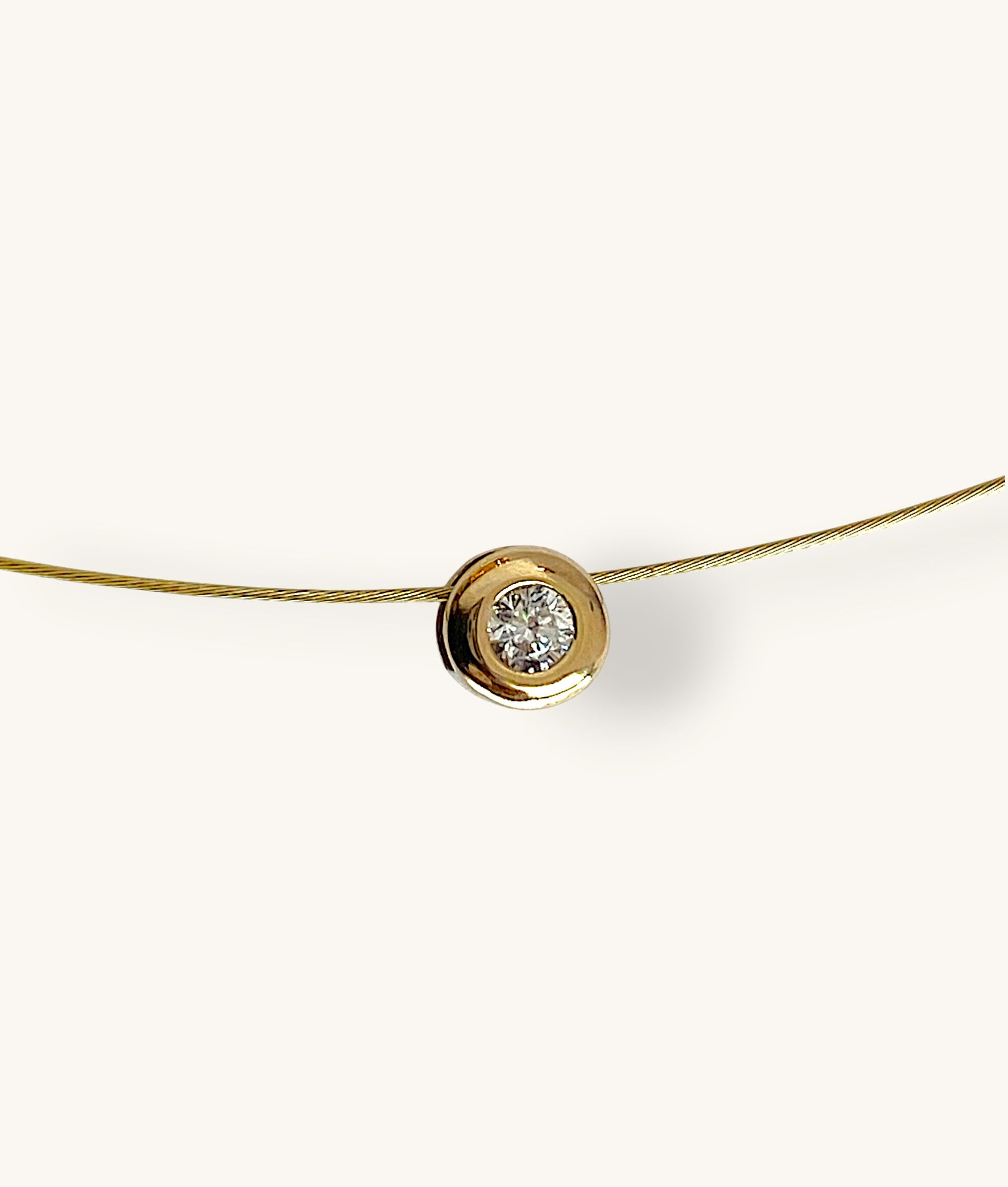 14K GOLD WIRE CHOKER NECKLACE WITH BEZEL-SET CUBIC 16”- NK14K031-HI